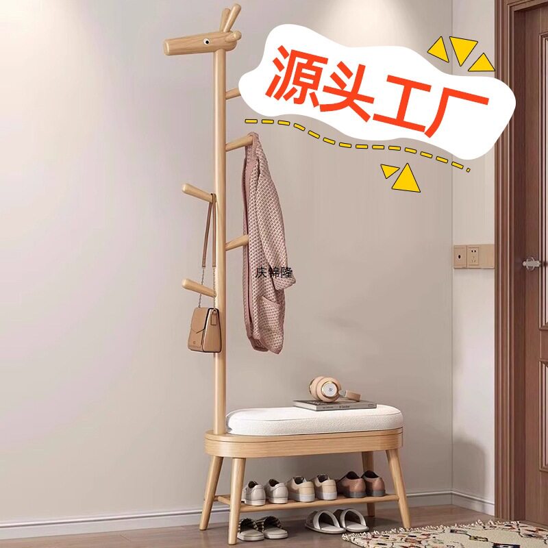 实木小鹿玄关换鞋凳衣帽架一体