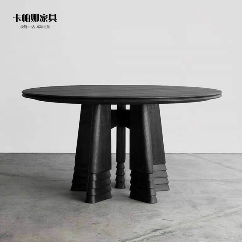 意式极简实木餐桌设计师款创意黑色开放漆高端圆形饭桌家用白蜡木