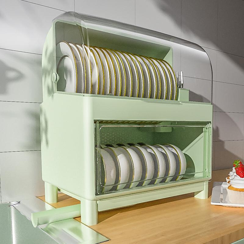 厨房碗筷收纳盒带盖超大容量双层碟盘沥水架子家用小型碗柜置物架