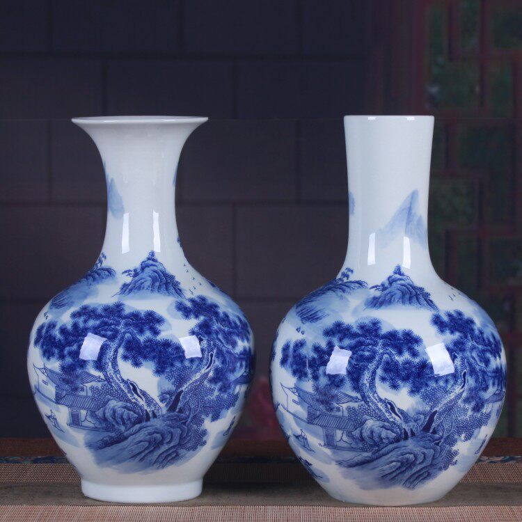 陶瓷花瓶厂家批发釉下彩青花山水赏瓶中式古典家居工艺品装饰摆件
