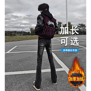 加长黑色闪电纹牛仔裤高个子男春秋冬季加绒美式高街修身微喇长裤