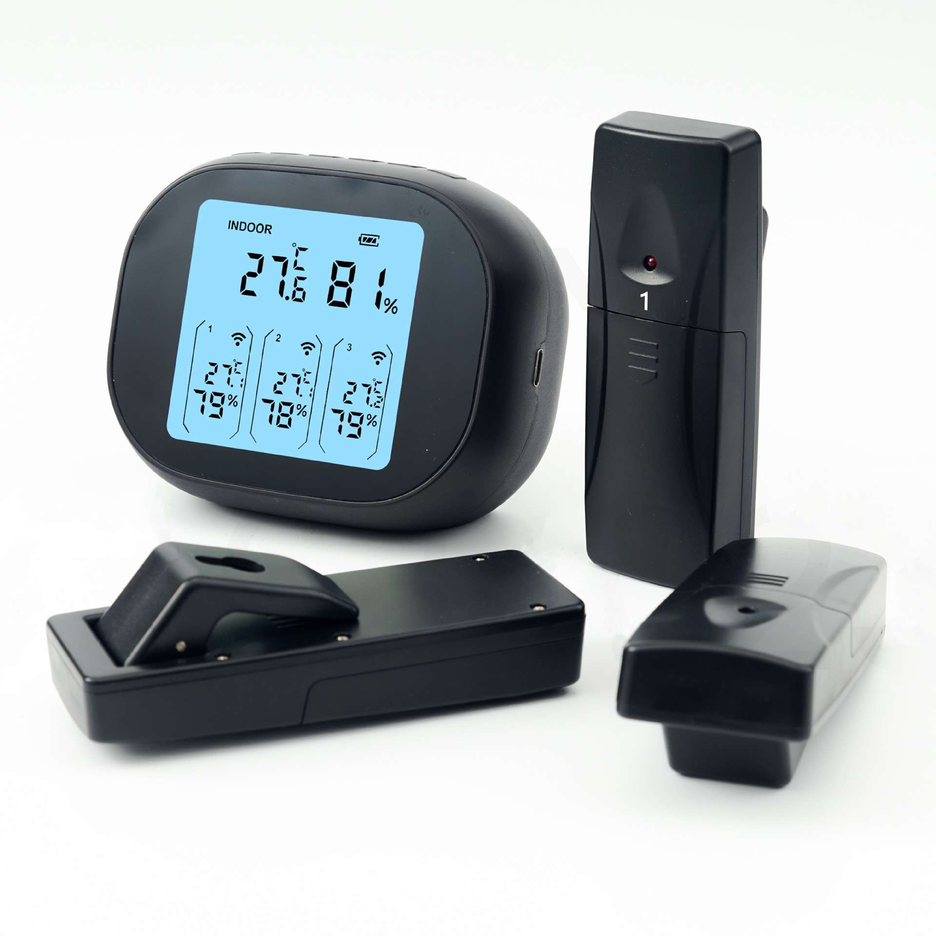 新款USB充电无线室内室外温冰箱湿度计数字电子温度计一拖三