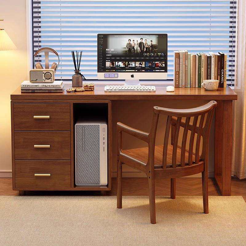 全实木书桌简约大板桌家用学生写字桌带边柜卧室加厚电脑桌办公桌