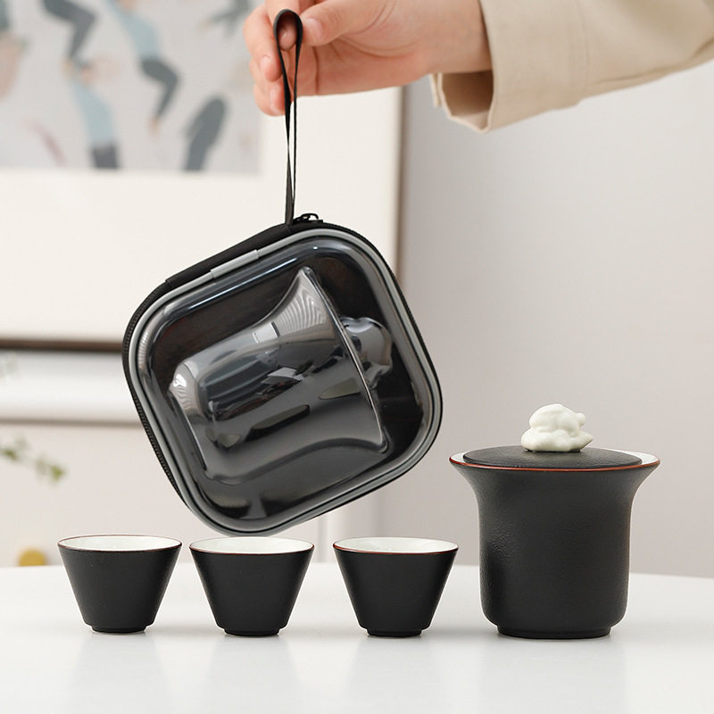 粗陶便携式旅行茶具一壶三杯户外露营泡茶壶装备快客杯一壶两杯