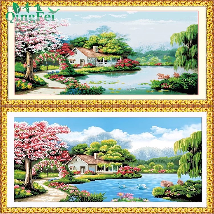青飞精准爱的农园十字绣世界名画秋温馨家园花园小屋丝线有钻石画