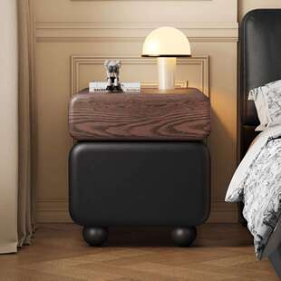 实木床头柜中古风新款简约感卧室收纳柜小型皮质床边柜子工厂直销