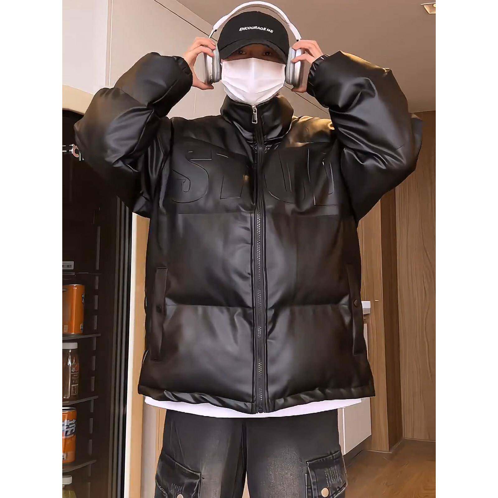 冬季PU皮防风加厚羽绒服男女潮牌字母印花面包服宽松百搭棉衣外套