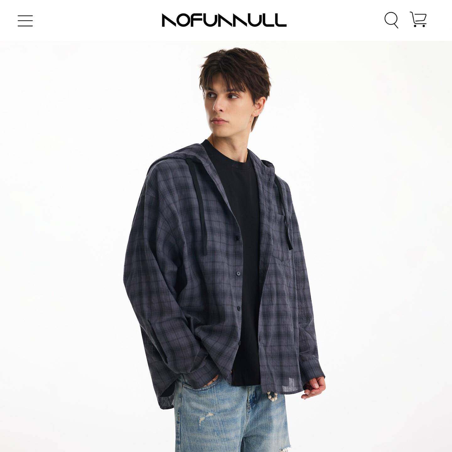 NOFUNNULL 夏季物理防晒连帽格子长袖衬衫男女户外轻薄款衬衫外套