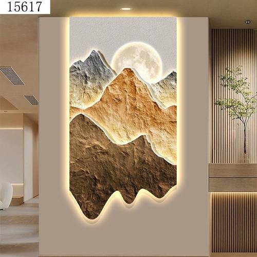 流水生财新中式玄关装饰画大气山水壁画晶瓷镶钻画高档挂画灯画