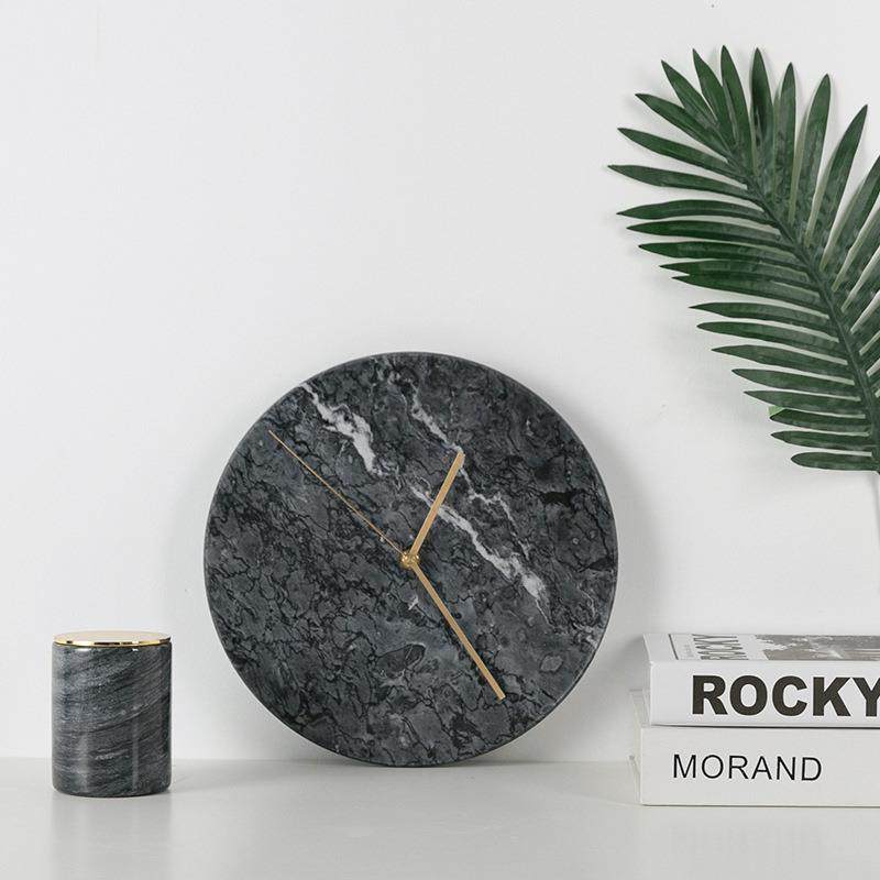 丹麦极简风圆形大理石静音钟表摆钟客厅高级感简约挂钟艺术时钟