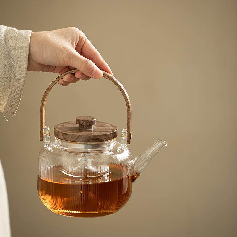 胡桃木玻璃茶壶泡茶壶提梁壶耐高温提梁蒸煮双内胆电陶炉围炉煮茶