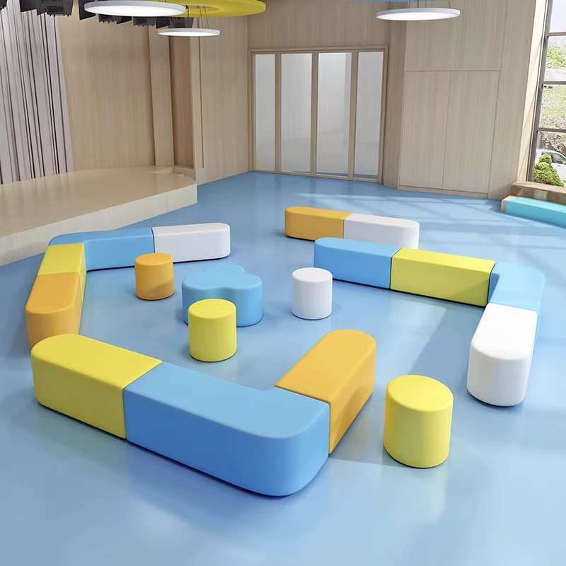 办公室会客等候区皮艺长沙发凳幼儿园培训早教中心圆墩方凳组合