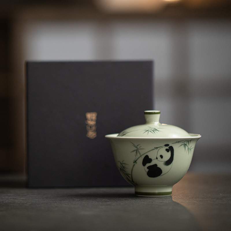 熊猫戏竹手绘盖碗 茶室文人用陶瓷泡茶碗 川蜀文化茶具