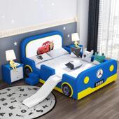 NRFQ085 儿童汽车床男孩滑梯带护栏卡通实木单人床男童现代简约拼