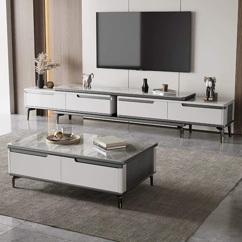 岩板茶几电视柜组合现代简约客厅家用小户型实木伸缩地柜灰色新款