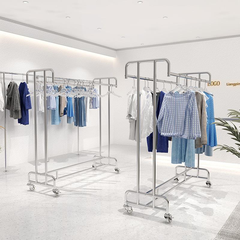 服装店双排中岛架不锈钢拉丝银色网红女装童装货架落地挂衣杆架子