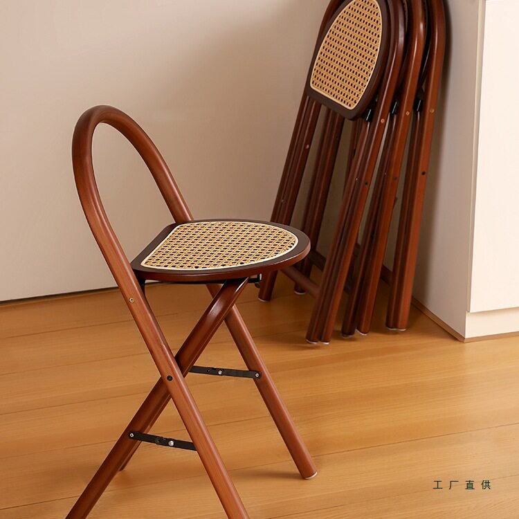 折叠凳家用圆凳藤编折叠椅轻奢中古风餐椅高脚吧台椅休闲椅靠背椅