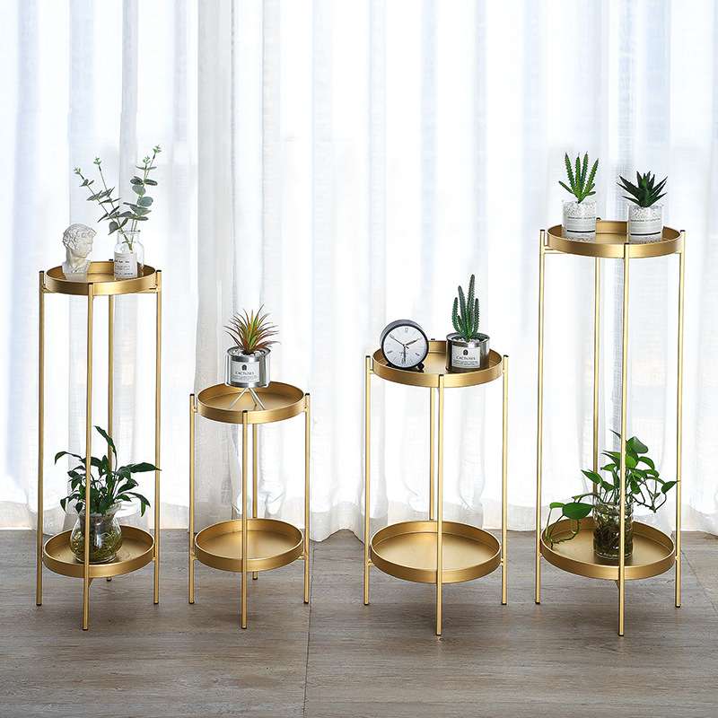 北欧铁艺双层花架 室内落地式金色花盆架 客厅阳台轻奢装饰置物架