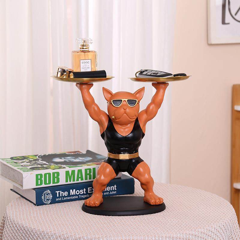 法斗犬摆件玄关柜放钥匙收纳托盘客厅进门轻奢家居吧台装饰品创意