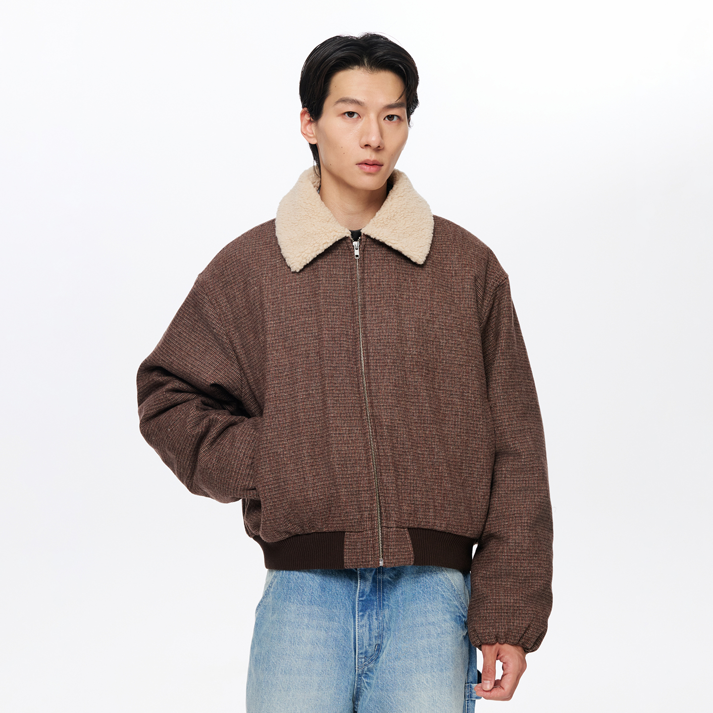 羊毛格子呢羊羔拉链棉服