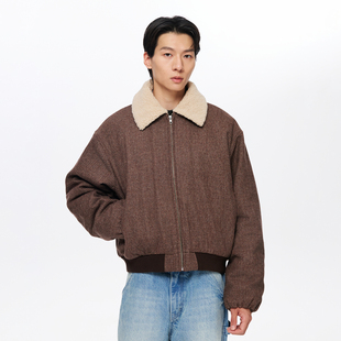 Oneup羊毛格子呢羊羔毛外套女小个子拉链棉服冬季短款保暖棉衣男