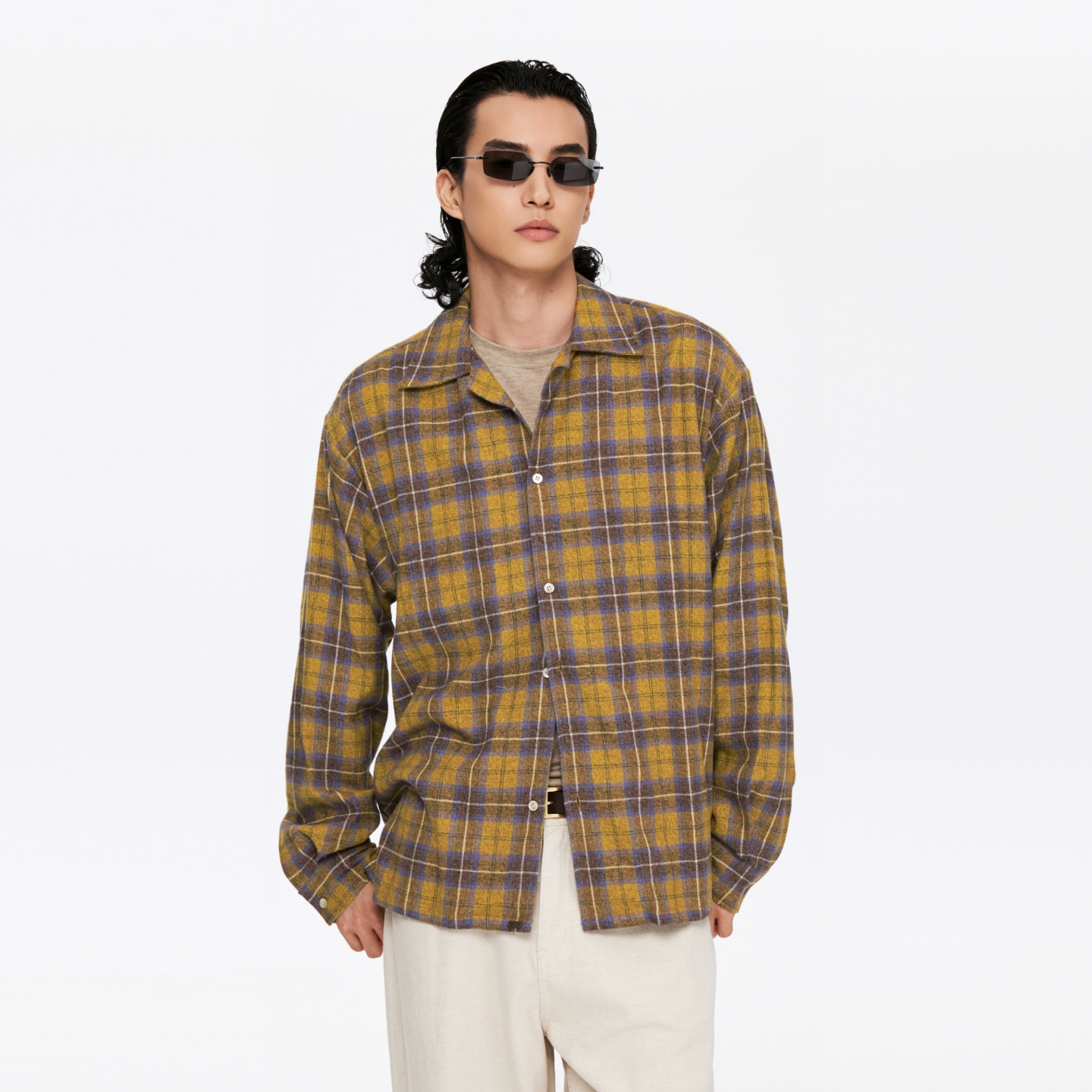 Oneup法兰绒格子衬衫秋冬美拉德宽松廓形复古小个子黄色衬衣情侣