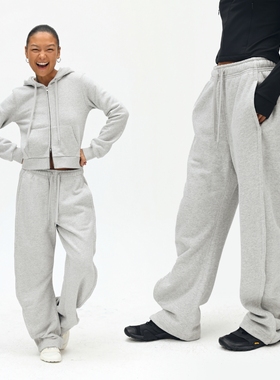 Oneup弯刀运动灰色卫裤秋冬重磅加绒宽松休闲裤直筒阔腿长裤子女