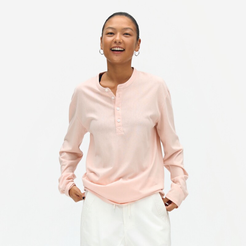 Oneup长袖休闲亨利领T恤简约白色轻薄打底衫重磅纽扣polo上衣男女