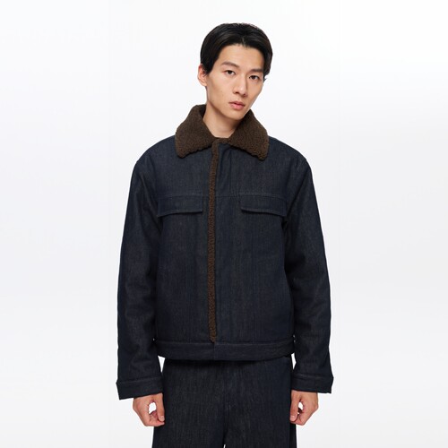 Oneup牛仔拼毛羊羔棉服