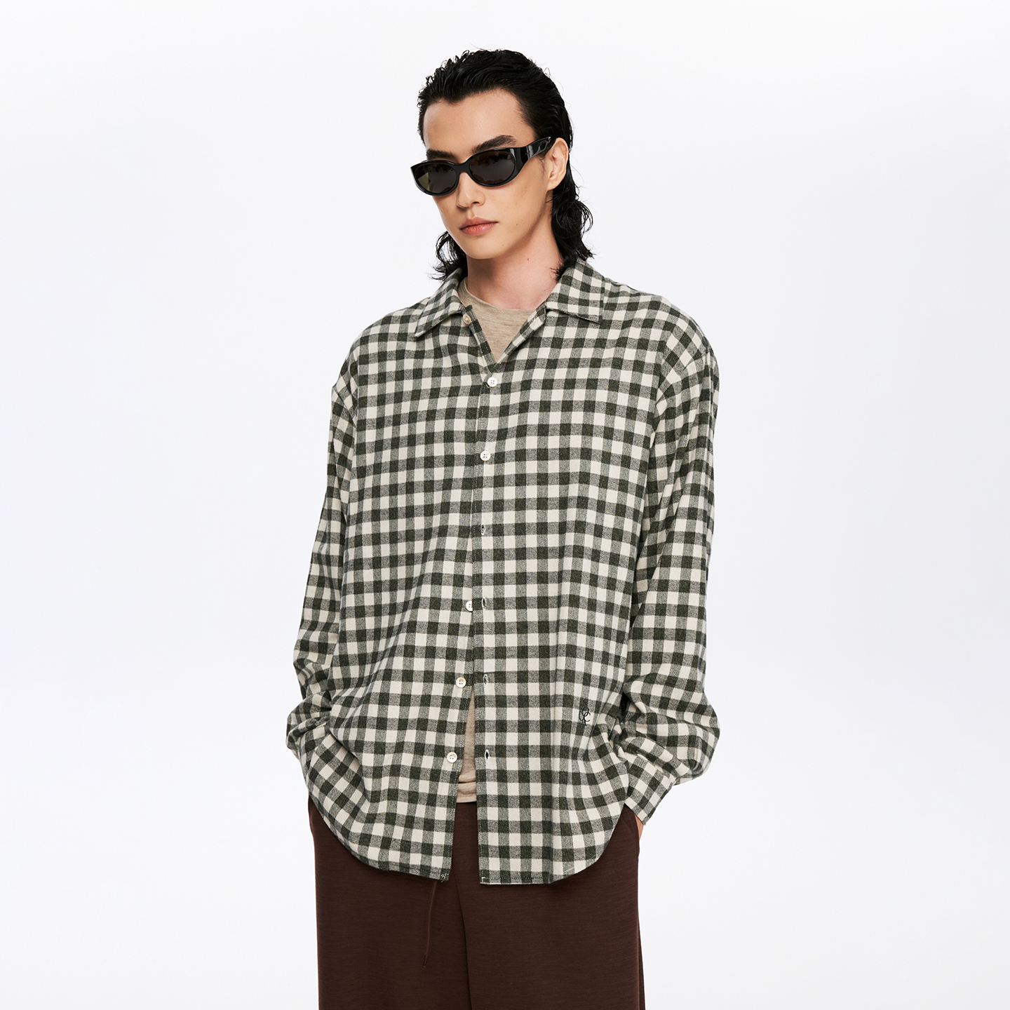 Oneup男女装法兰绒格子长袖衬衫复古休闲全棉宽松外套情侣款衬衣