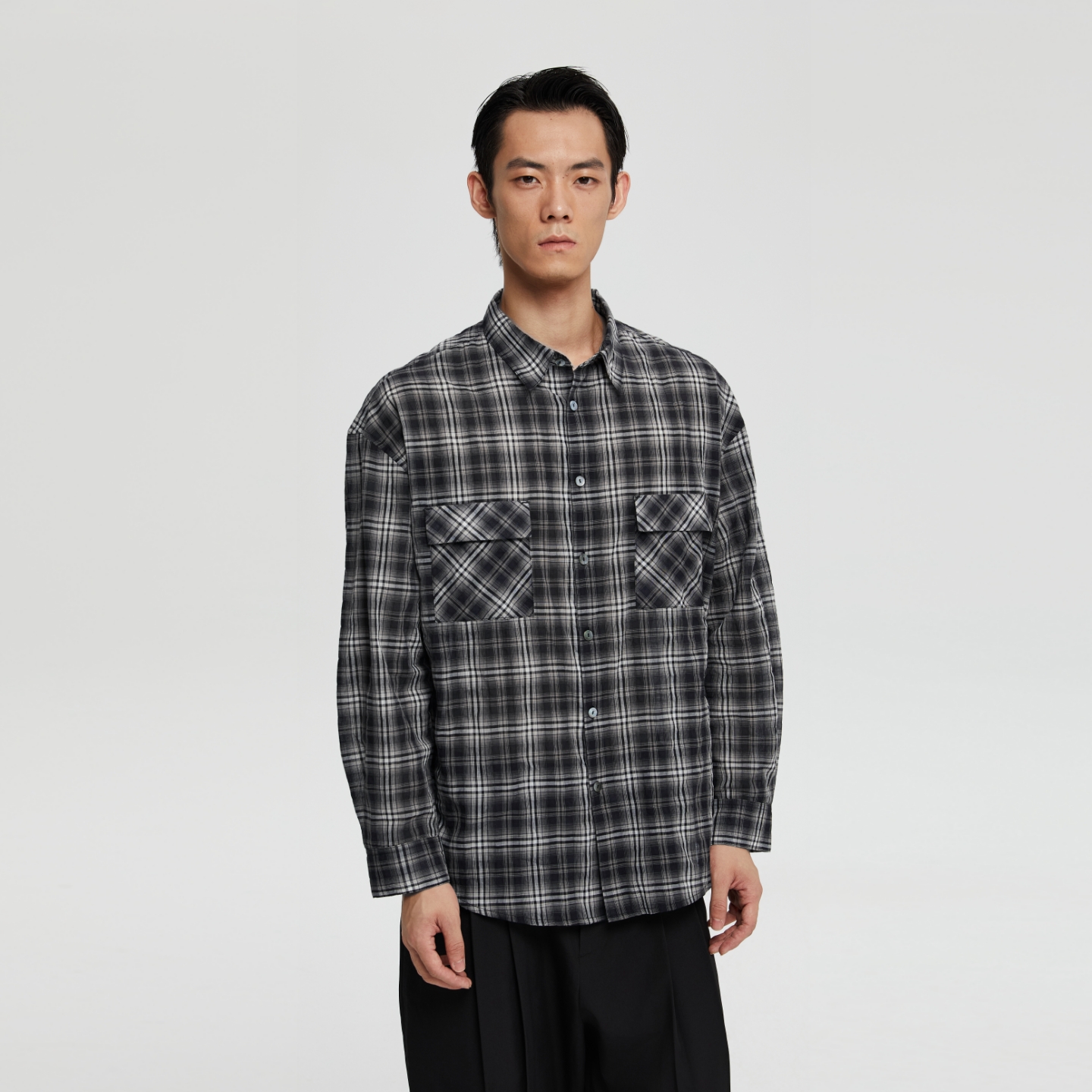 Oneup黑色格子口袋衬衫男款秋季高级纯棉宽松休闲情侣长袖衬衣女