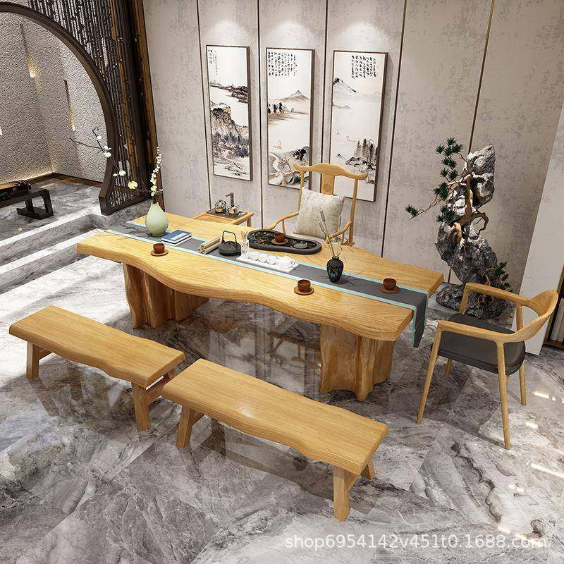 新中式大板茶桌椅组合实木功夫泡茶桌办公室茶台老板办公桌会议桌