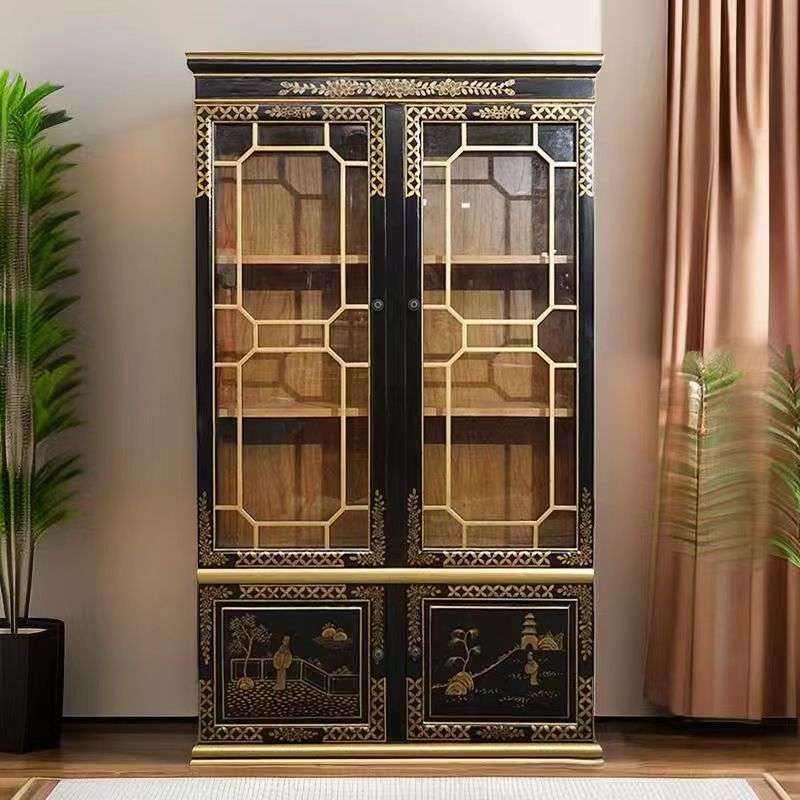 新中式实木衣柜描金高柜现货卧室衣橱儿童收纳储物玻璃展示装饰柜