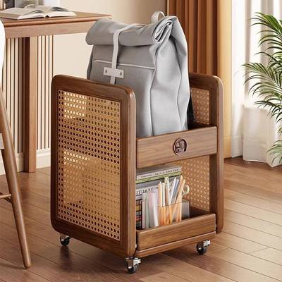 实木书包置物架可移动小推车书本收纳架神器家用放书包桌下滑轮柜