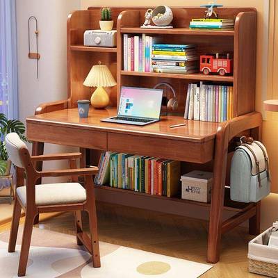 实木书桌书架一体桌儿童学习学生专用实木书桌可升降家用课桌椅