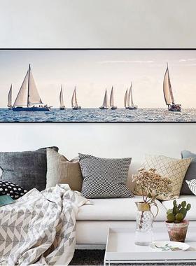 北欧装饰画客厅挂画横版长幅墙画帆船大海现代简约卧室壁画床头画