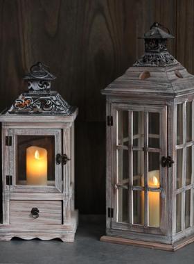 复古木质玻璃风灯铁艺落地烛台防风欧式装饰摆件马灯做旧摄影道具