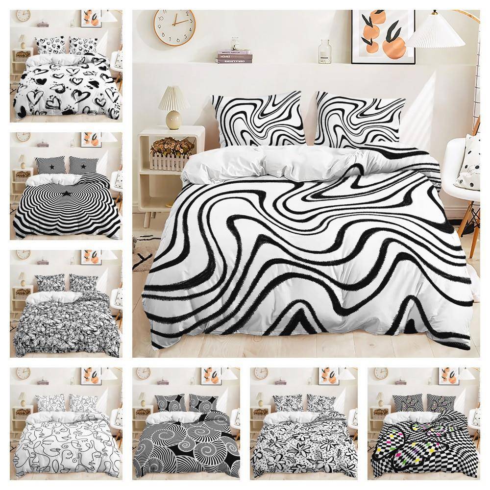 被套黑白条纹枕套数码印花外贸三件套床上用品简约风