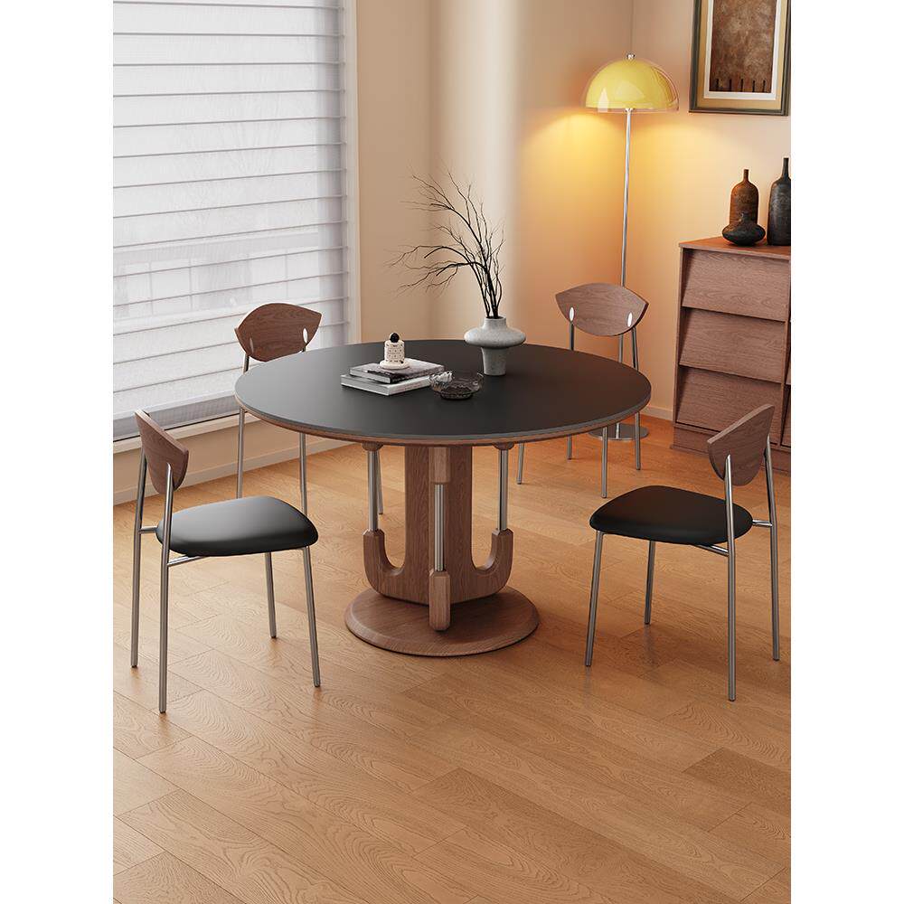 奥格斯特黑色石板餐桌圆形家庭小公寓可达豪华经典包豪斯风格实木