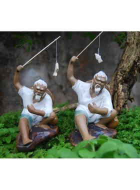 姜太公钓鱼起渔陶瓷摆件假山山水人物配件家居屏风书架摆放装饰品