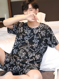 韩版 大童学生短袖 青年棉绸睡衣套装 男士 绵绸空调服家居服薄款 夏季