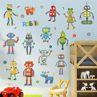 卡通可爱机器人儿童房间卧室幼儿园装饰墙纸自粘防水可移除墙贴画