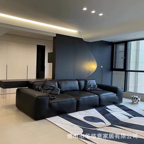 夏图头层牛皮简约直排客厅沙发