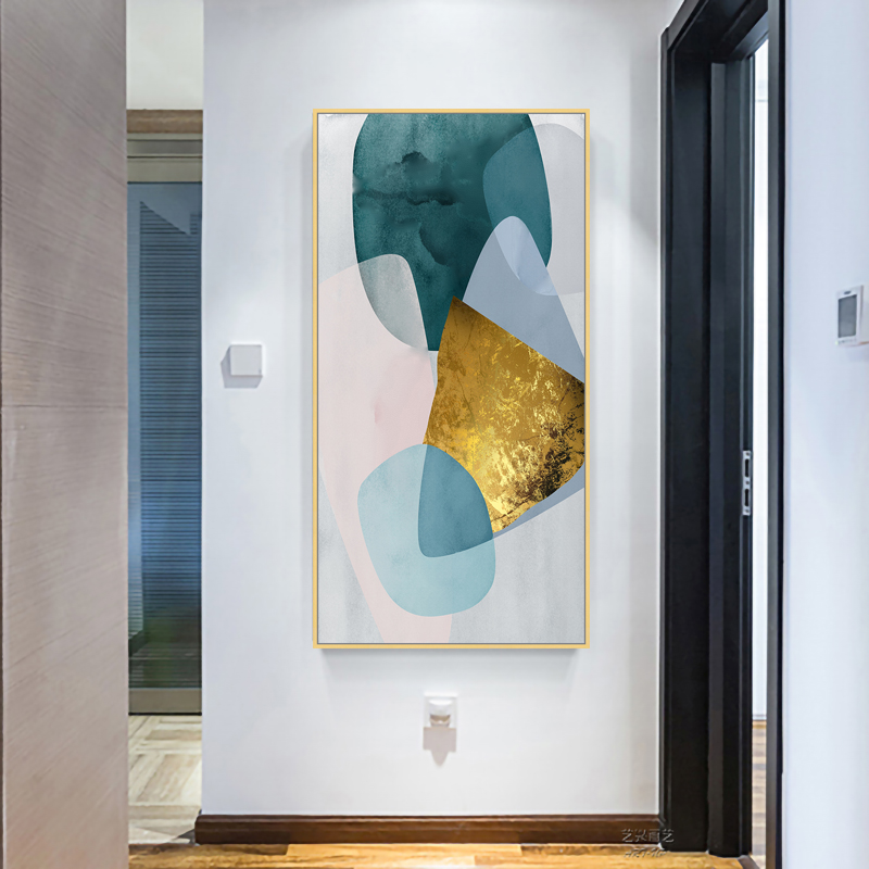 北欧抽象金箔装饰画轻奢色块酒店油画玄关对门墙面柱子过道墙挂画图片