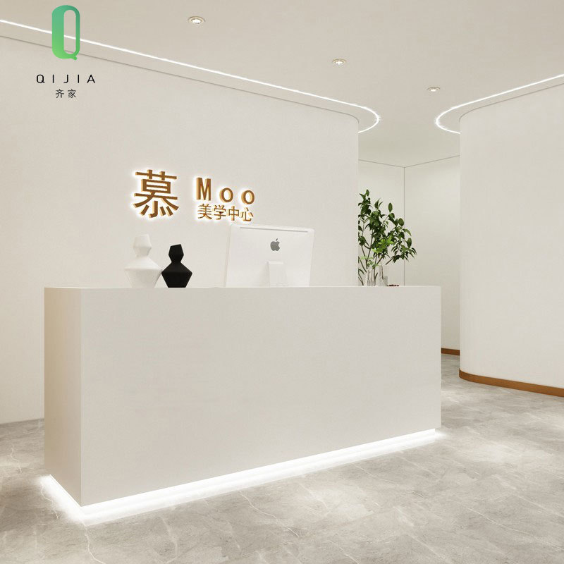 白色服装美容美发店收银柜台带灯公司接待前台桌简约现货吧台