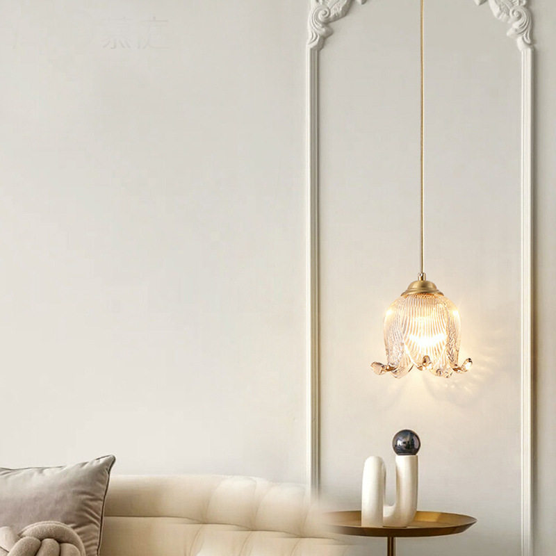 法式床头小吊灯奶油卧室壁灯垂线吊线灯美式轻奢主卧全铜玻璃灯具