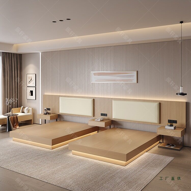 酒店家具标间全套宾馆专用床民宿公寓单间大床可定 制悬浮式床箱