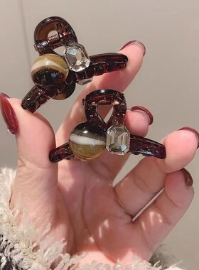 气质咖色刘海小号抓夹前额高级感珍珠侧边发夹女后脑勺夹子头饰