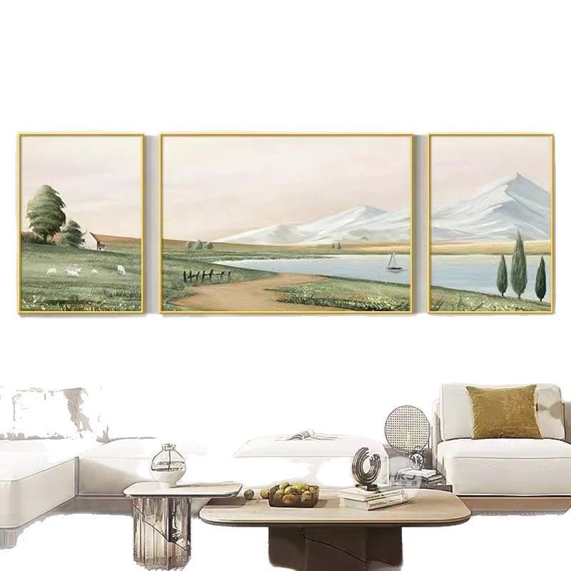北欧风格原木客厅装饰画沙发背景墙挂画现代简约三联壁画油画