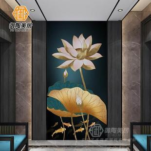 新中式 玄关岩板古典手绘荷花卫生间浴室壁画艺术瓷砖画背景墙墙砖